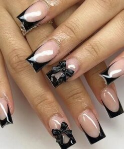 24pcs Press on Nails Short Almond Bowknot Black Press on Nails White Pearl Sweet French Tip Press on Nails Cute Nail Artificial