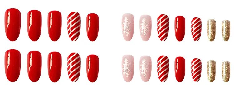 Christmas Press on False Nails Snow Print Fashion Tip Fake Nail 24 Pcs/Set Women Stick on Nail Art Acrylic Red & White Nails