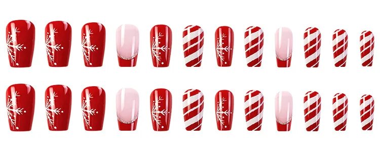 Christmas Press on False Nails Snow Print Fashion Tip Fake Nail 24 Pcs/Set Women Stick on Nail Art Acrylic Red & White Nails