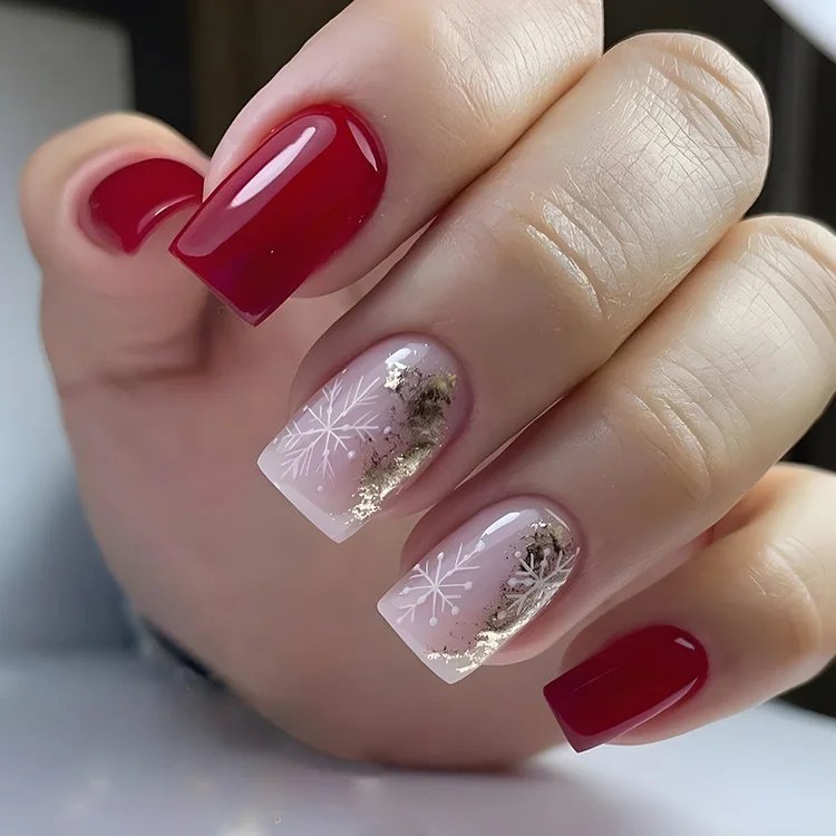 Christmas Press on False Nails Snow Print Fashion Tip Fake Nail 24 Pcs/Set Women Stick on Nail Art Acrylic Red & White Nails