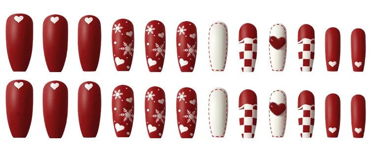 Christmas Press on False Nails Snow Print Fashion Tip Fake Nail 24 Pcs/Set Women Stick on Nail Art Acrylic Red & White Nails