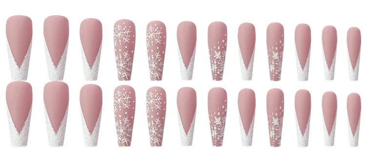 Christmas Press on False Nails Snow Print Fashion Tip Fake Nail 24 Pcs/Set Women Stick on Nail Art Acrylic Red & White Nails
