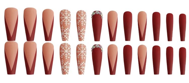 Christmas Press on False Nails Snow Print Fashion Tip Fake Nail 24 Pcs/Set Women Stick on Nail Art Acrylic Red & White Nails