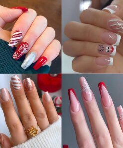Christmas Press on False Nails Snow Print Fashion Tip Fake Nail 24 Pcs/Set Women Stick on Nail Art Acrylic Red & White Nails