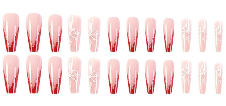 Christmas Press on False Nails Snow Print Fashion Tip Fake Nail 24 Pcs/Set Women Stick on Nail Art Acrylic Red & White Nails