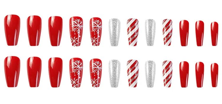 Christmas Press on False Nails Snow Print Fashion Tip Fake Nail 24 Pcs/Set Women Stick on Nail Art Acrylic Red & White Nails