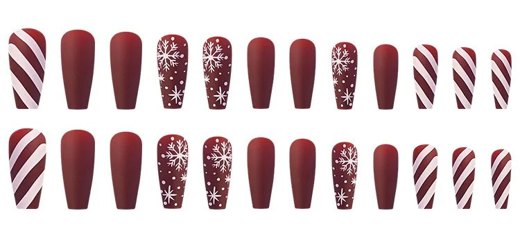 Christmas Press on False Nails Snow Print Fashion Tip Fake Nail 24 Pcs/Set Women Stick on Nail Art Acrylic Red & White Nails