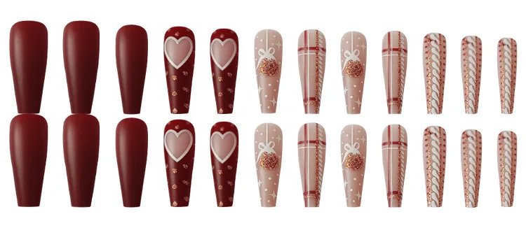 Christmas Press on False Nails Snow Print Fashion Tip Fake Nail 24 Pcs/Set Women Stick on Nail Art Acrylic Red & White Nails