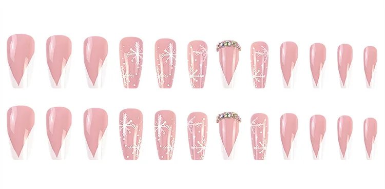 Christmas Press on False Nails Snow Print Fashion Tip Fake Nail 24 Pcs/Set Women Stick on Nail Art Acrylic Red & White Nails