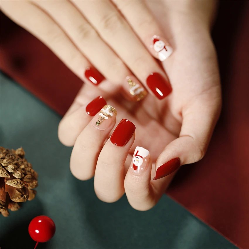 24Ps/Set Christmas Series Wearing False Nails Christmas Tree Hat Bell Design Almond Fake Nails Art Full Cover Stick on Nails tip