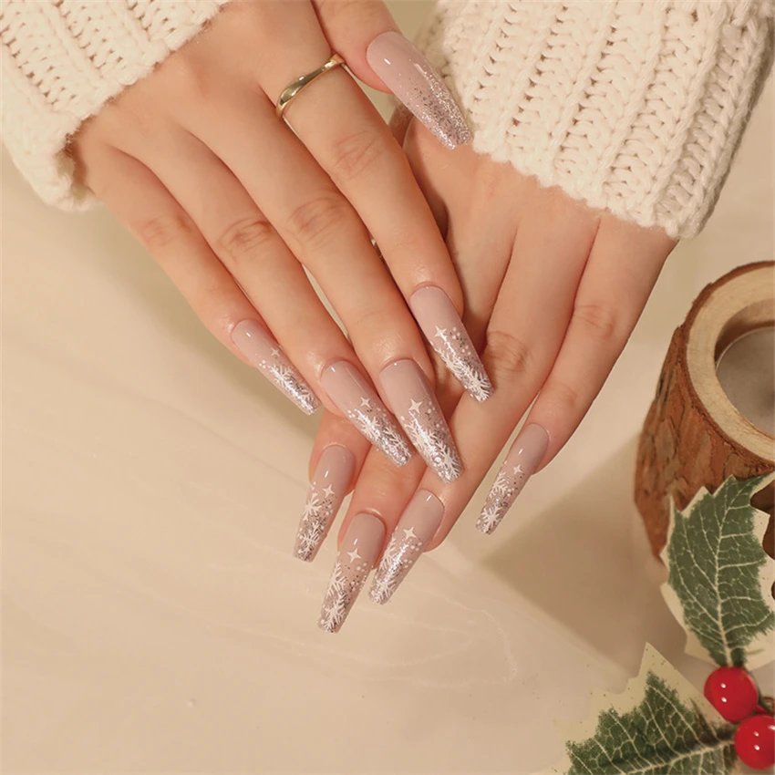 24Ps/Set Christmas Series Wearing False Nails Christmas Tree Hat Bell Design Almond Fake Nails Art Full Cover Stick on Nails tip
