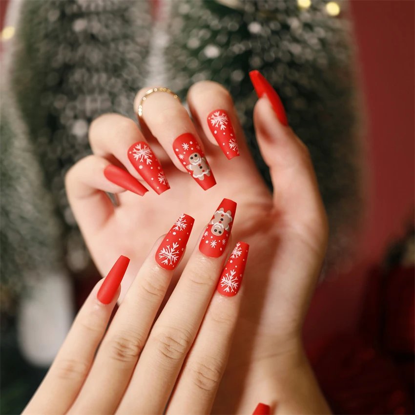 24Ps/Set Christmas Series Wearing False Nails Christmas Tree Hat Bell Design Almond Fake Nails Art Full Cover Stick on Nails tip