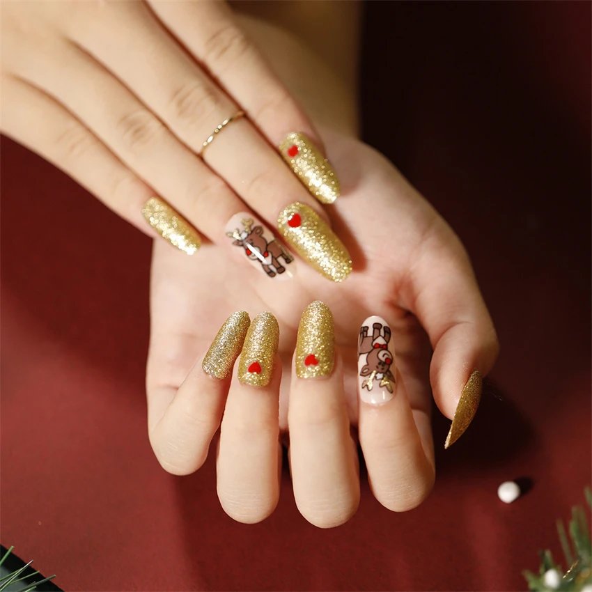 24Ps/Set Christmas Series Wearing False Nails Christmas Tree Hat Bell Design Almond Fake Nails Art Full Cover Stick on Nails tip