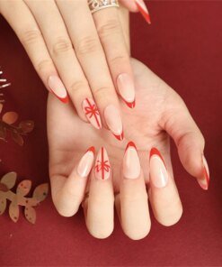 Alternative view of 24Ps/Set Christmas Series Wearing False Nails Christmas Tree Hat Bell Design Almond Fake Nails Art Full Cover Stick on Nails tip