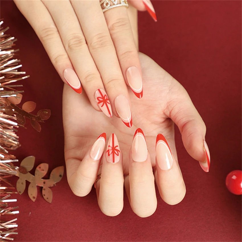 24Ps/Set Christmas Series Wearing False Nails Christmas Tree Hat Bell Design Almond Fake Nails Art Full Cover Stick on Nails tip