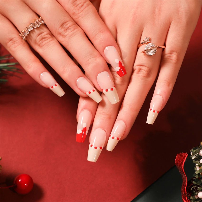 24Ps/Set Christmas Series Wearing False Nails Christmas Tree Hat Bell Design Almond Fake Nails Art Full Cover Stick on Nails tip