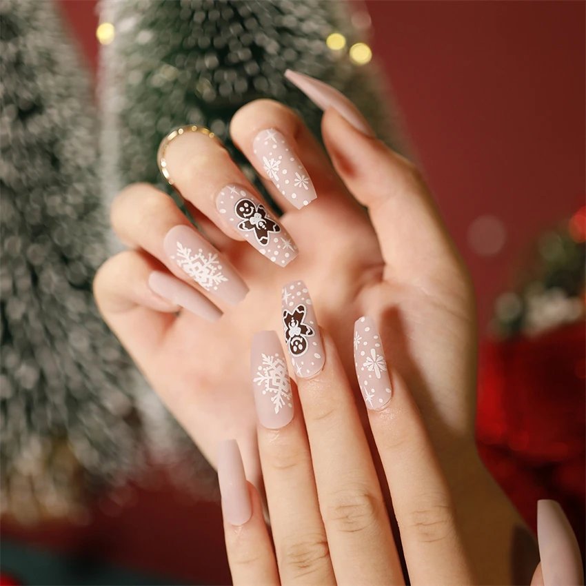 24Ps/Set Christmas Series Wearing False Nails Christmas Tree Hat Bell Design Almond Fake Nails Art Full Cover Stick on Nails tip