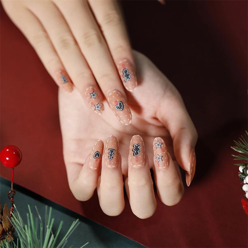 24Ps/Set Christmas Series Wearing False Nails Christmas Tree Hat Bell Design Almond Fake Nails Art Full Cover Stick on Nails tip