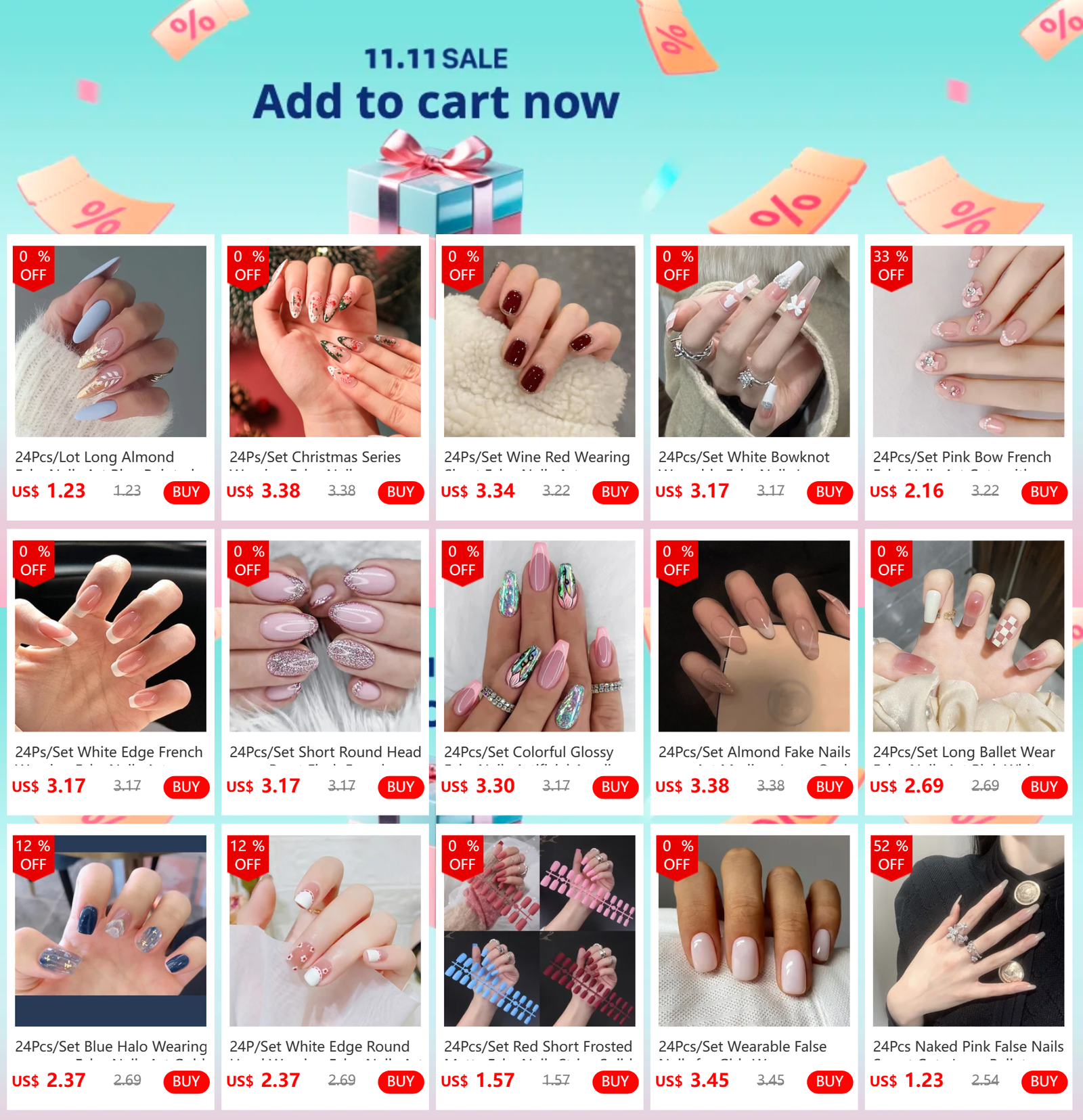24Ps/Set Christmas Series Wearing False Nails Christmas Tree Hat Bell Design Almond Fake Nails Art Full Cover Stick on Nails tip