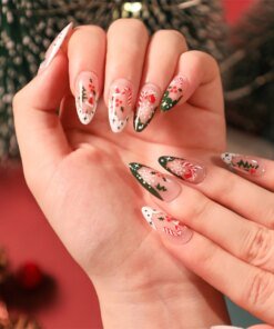 24Ps/Set Christmas Series Wearing False Nails Christmas Tree Hat Bell Design Almond Fake Nails Art Full Cover Stick on Nails tip