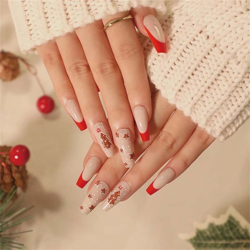 24Ps/Set Christmas Series Wearing False Nails Christmas Tree Hat Bell Design Almond Fake Nails Art Full Cover Stick on Nails tip