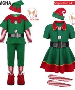 Christmas Santa Claus Costume Green Elf Cosplay Family Carnival Party New Year Fancy Dress Clothes Set For Men Women Girls Boys