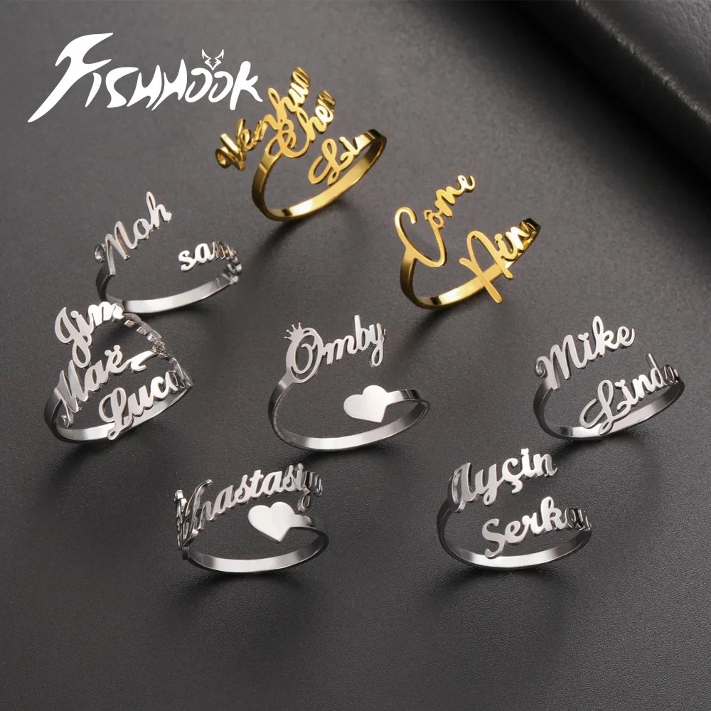 Fishhook Custom Double Name Finger Ring For Women Men Personalized Rings Couple Family Gift Gold Color Stainless Steel Jewelry Fishhook Custom Double Name Finger Ring For Women Men Personalized Rings Couple Family Gift Gold Color Stainless Steel Jewelry