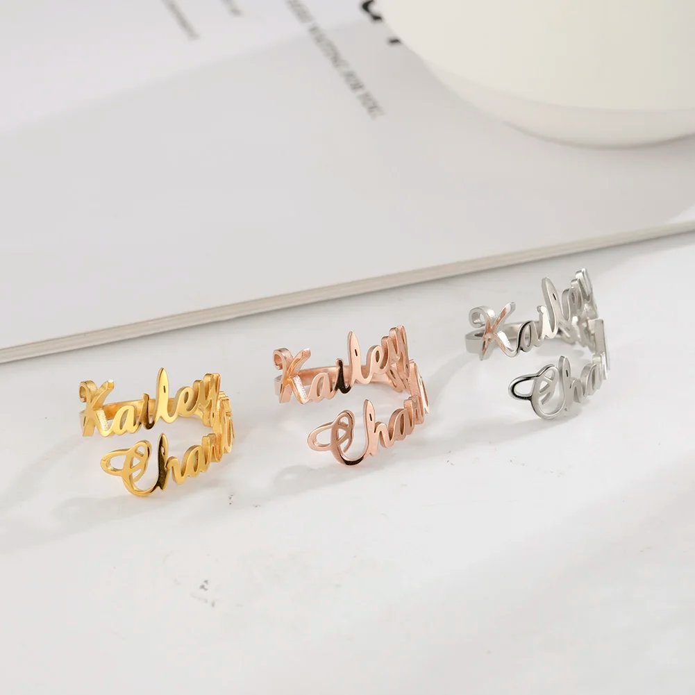 Fishhook Custom Double Name Finger Ring For Women Men Personalized Rings Couple Family Gift Gold Color Stainless Steel Jewelry Fishhook Custom Double Name Finger Ring For Women Men Personalized Rings Couple Family Gift Gold Color Stainless Steel Jewelry