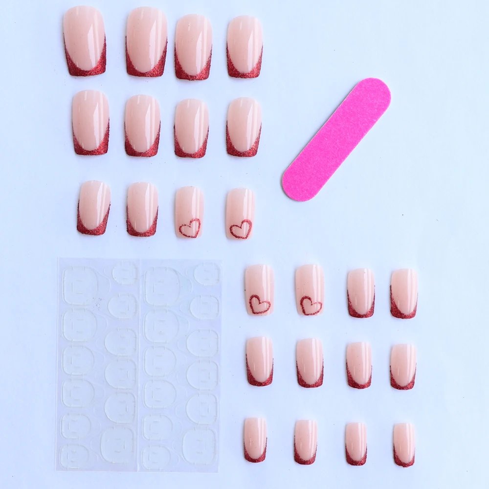 24PCS Simple wine red French false nails, European and American light luxury style ins nail enhancement, detachable nail patches