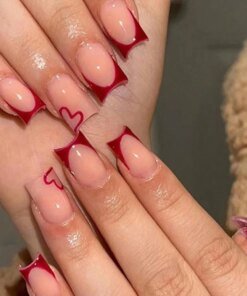 24PCS Simple wine red French false nails, European and American light luxury style ins nail enhancement, detachable nail patches