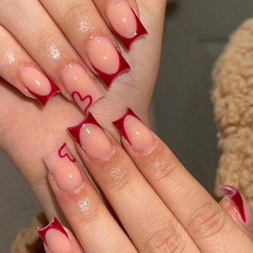 24PCS Simple wine red French false nails, European and American light luxury style ins nail enhancement, detachable nail patches