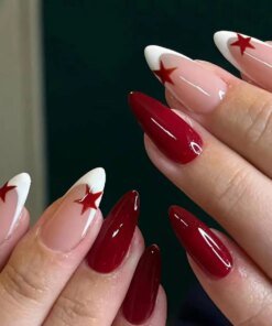 French Fake Nails Red Five-pointed Star False Nails Full Cover Press on Nail Tips y2k Nail Art Almond Artificial Nail Patches