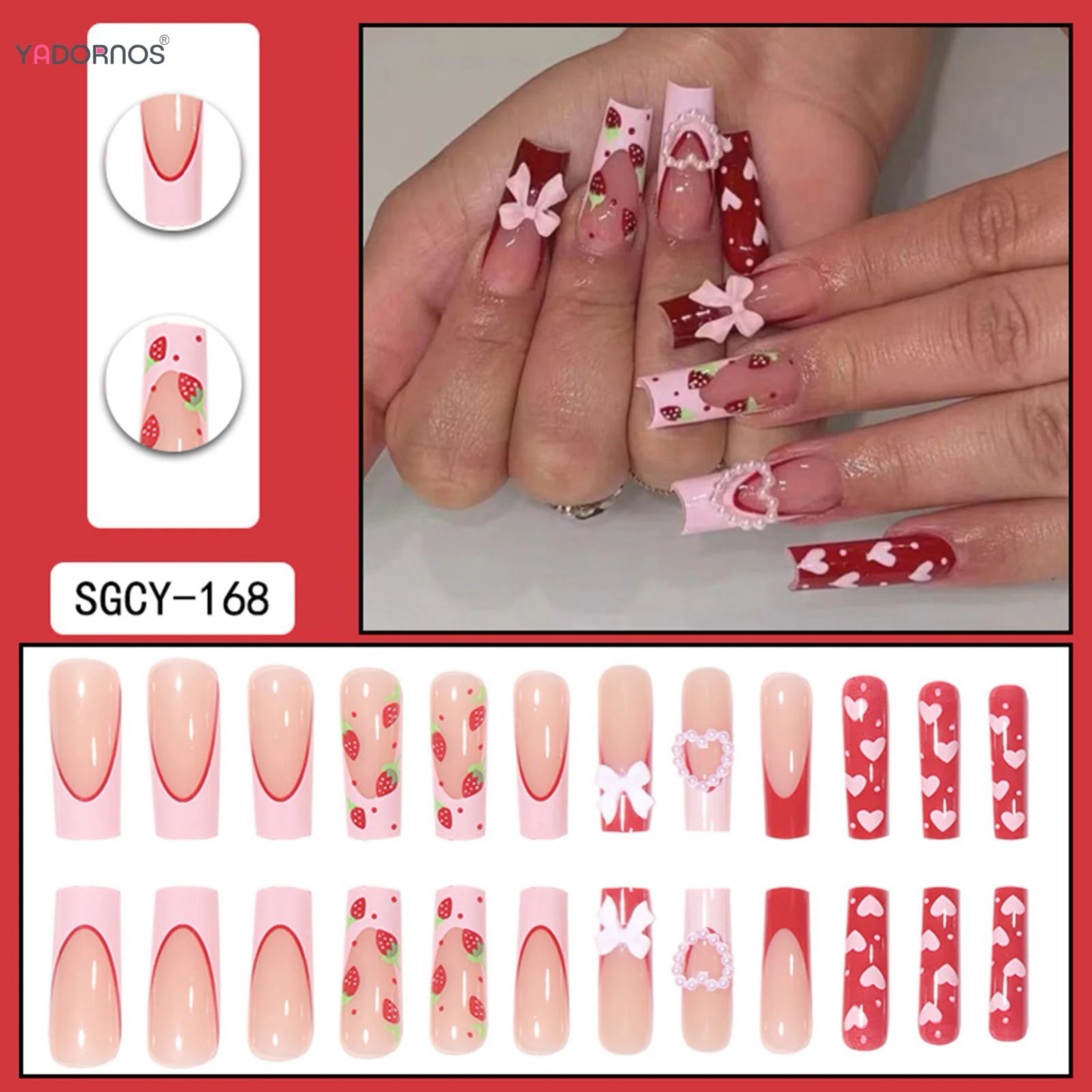 Red Strawberry Fake Nails Long Coffin French Press on Nails Pink Love Heart 3D Bowknot Designs False Nails for Women Girls Red Strawberry Fake Nails Long Coffin French Press on Nails Pink Love Heart 3D Bowknot Designs False Nails for Women Girls