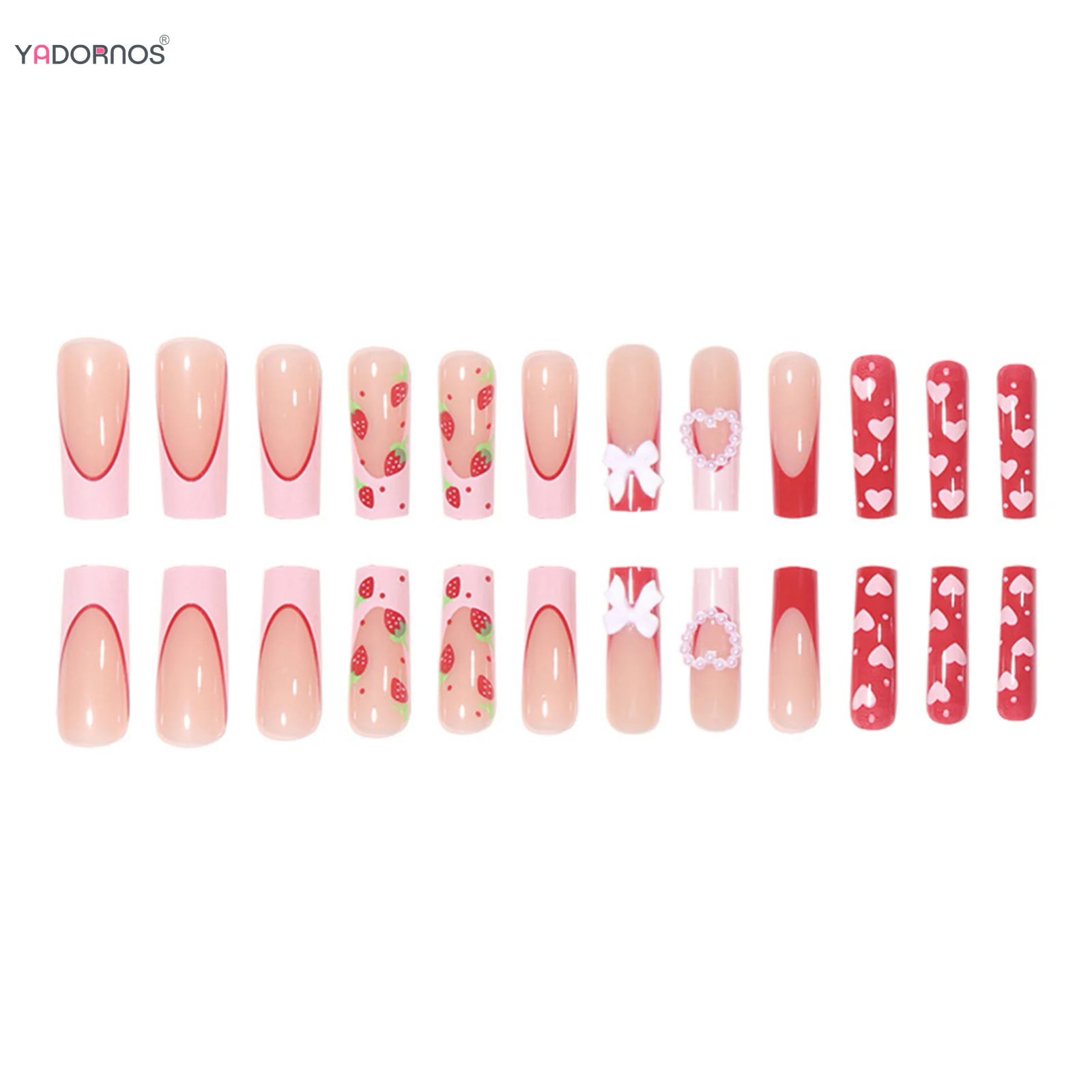Red Strawberry Fake Nails Long Coffin French Press on Nails Pink Love Heart 3D Bowknot Designs False Nails for Women Girls Red Strawberry Fake Nails Long Coffin French Press on Nails Pink Love Heart 3D Bowknot Designs False Nails for Women Girls