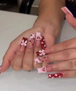 Red Strawberry Fake Nails Long Coffin French Press on Nails Pink Love Heart 3D Bowknot Designs False Nails for Women Girls