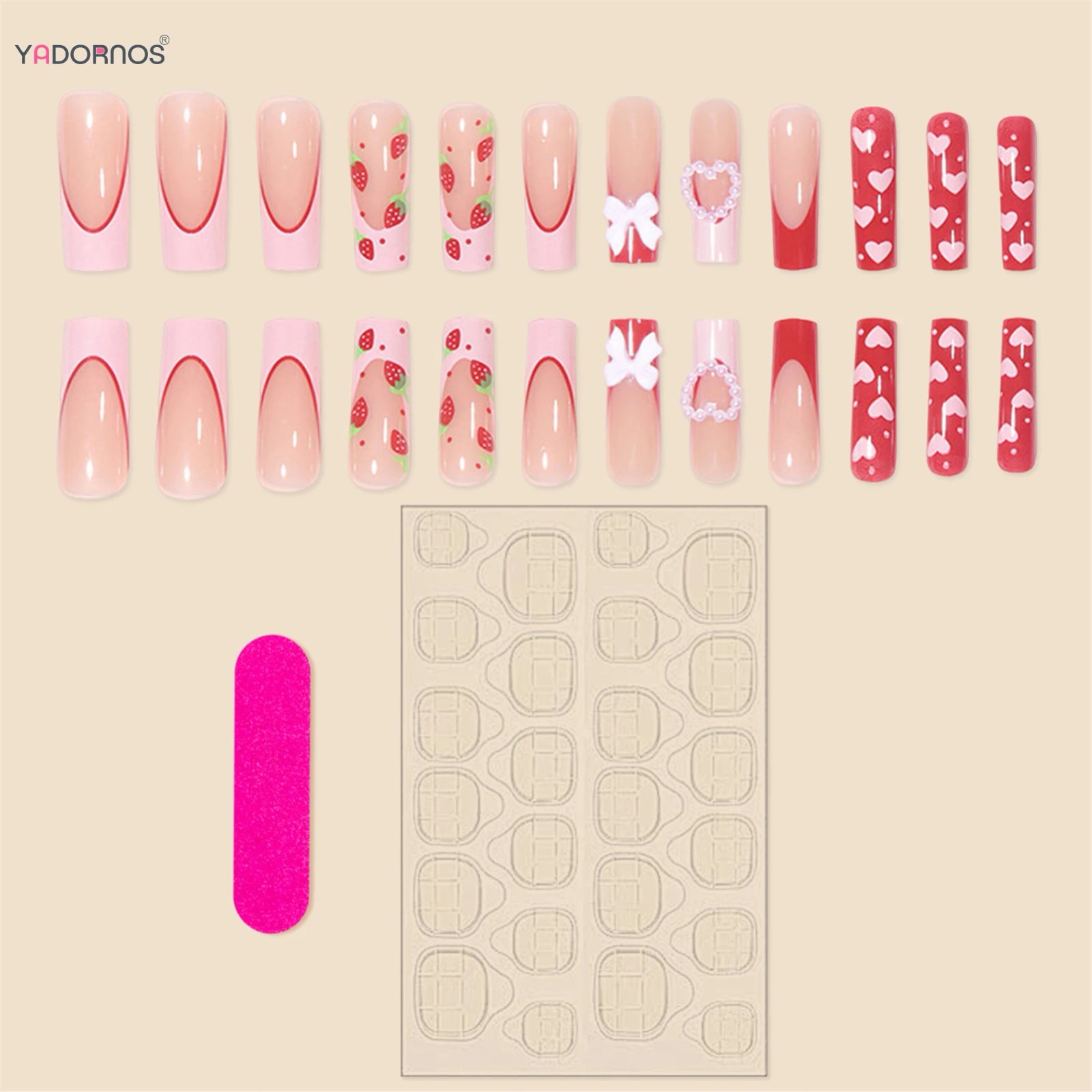 Red Strawberry Fake Nails Long Coffin French Press on Nails Pink Love Heart 3D Bowknot Designs False Nails for Women Girls Red Strawberry Fake Nails Long Coffin French Press on Nails Pink Love Heart 3D Bowknot Designs False Nails for Women Girls