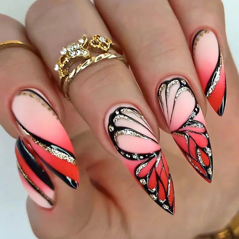 24Pcs False Nails French Manicure Professional Reusable Adhesive Nails For Girls With Design To Stick Gel Red False Nails Tips 24Pcs False Nails French Manicure Professional Reusable Adhesive Nails For Girls With Design To Stick Gel Red False Nails Tips