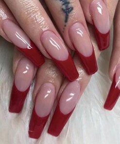 Simple Red-Edged French Coffin False Nails Detachable Long Ballerina Rhinestone Fake Nails Full Cover Nail Tips Press On Nails