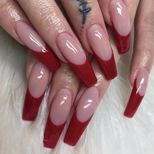 Simple Red-Edged French Coffin False Nails Detachable Long Ballerina Rhinestone Fake Nails Full Cover Nail Tips Press On Nails