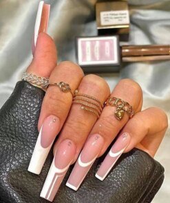 Alternative view of Simple Red-Edged French Coffin False Nails Detachable Long Ballerina Rhinestone Fake Nails Full Cover Nail Tips Press On Nails