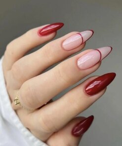 Alternative view of 24pcs Red Glitter Fake Nails Almond Christmas Valentine's Day French Ballet Nail Press on False Nails Waterproof Faux Fingernail