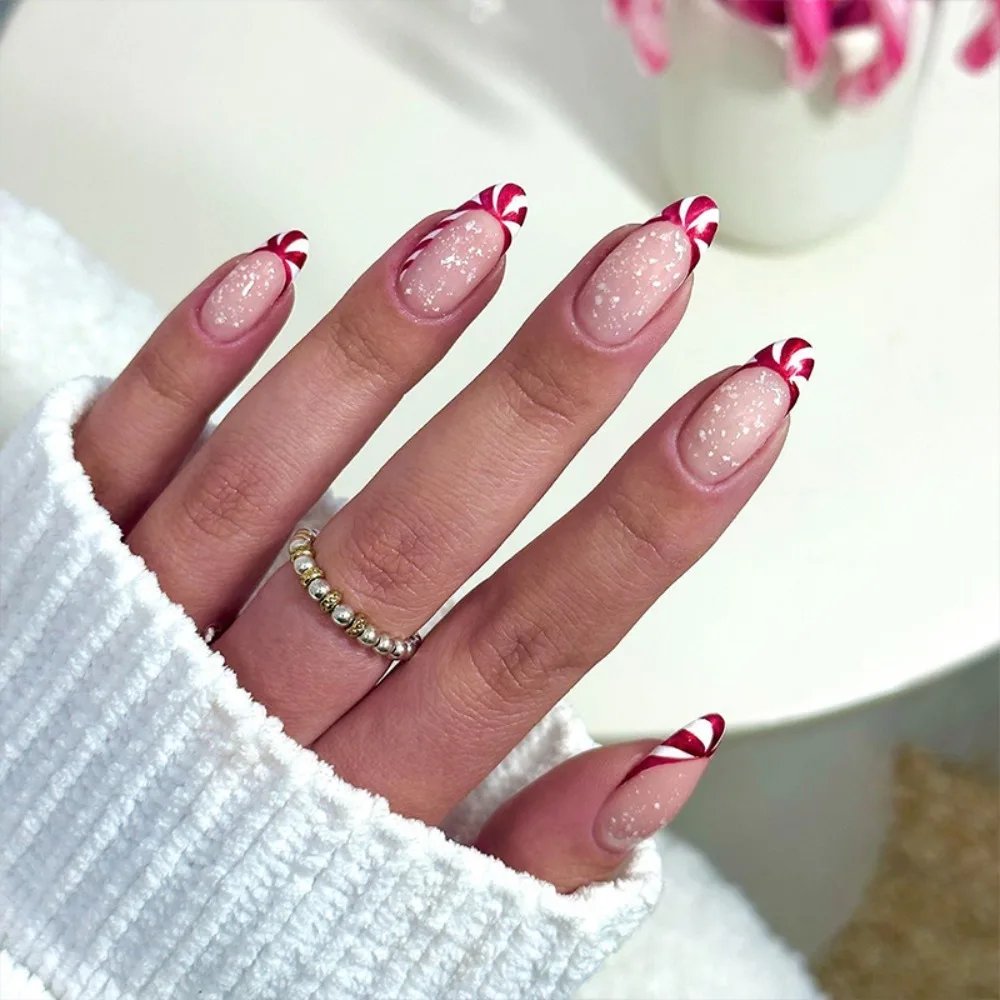 24pcs Red Glitter Fake Nails Almond Christmas Valentine's Day French Ballet Nail Press on False Nails Waterproof Faux Fingernail 24pcs Red Glitter Fake Nails Almond Christmas Valentine's Day French Ballet Nail Press on False Nails Waterproof Faux Fingernail