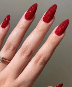 24pcs Red Glitter Fake Nails Almond Christmas Valentine's Day French Ballet Nail Press on False Nails Waterproof Faux Fingernail