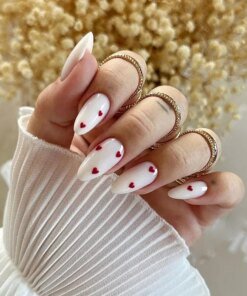 24Pcs Red Heart Nails Fake Wearable Long Almond False Nails Art Acrylic Press on Nails Full Coverage Removable French Fake Nail