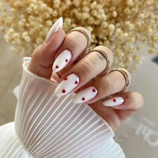24Pcs Red Heart Nails Fake Wearable Long Almond False Nails Art Acrylic Press on Nails Full Coverage Removable French Fake Nail