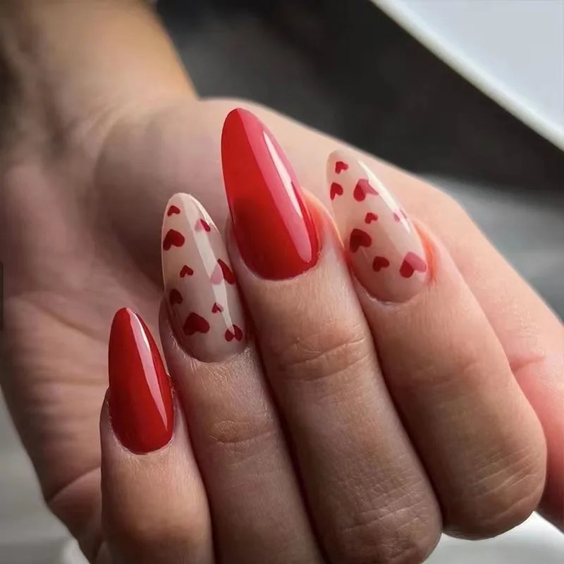24Pcs Red Heart Nails Fake Wearable Long Almond False Nails Art Acrylic Press on Nails Full Coverage Removable French Fake Nail
