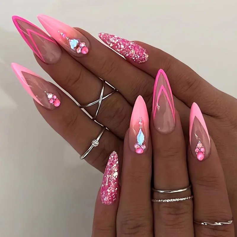 24Pcs Red Heart Nails Fake Wearable Long Almond False Nails Art Acrylic Press on Nails Full Coverage Removable French Fake Nail