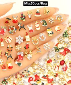50pcs random mix Christmas nail charm Gold and silver deer Head garland hat Snowflake tree Santa nail art accessories Decoration