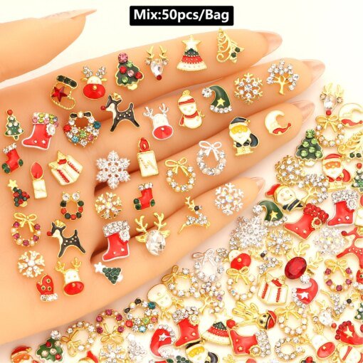 50pcs random mix Christmas nail charm Gold and silver deer Head garland hat Snowflake tree Santa nail art accessories Decoration