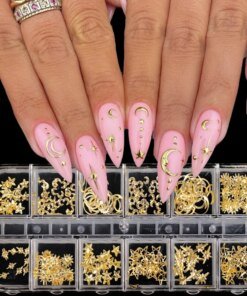 Heallor Gold Star Moon Nail Charms 12Grids Metal Slice Rivet Nail Rhinestones DIY 3D Flatback Nail Art Decorations Manicure Acce